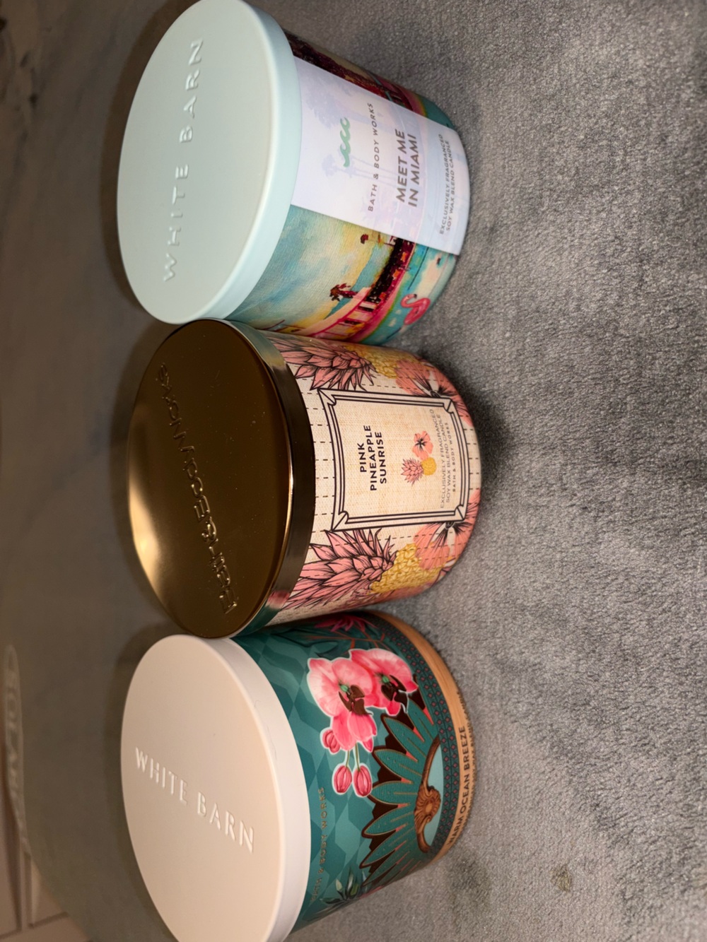 Bath & Body Works Three Scented Candles - Pink, Teal, Gold Lids
